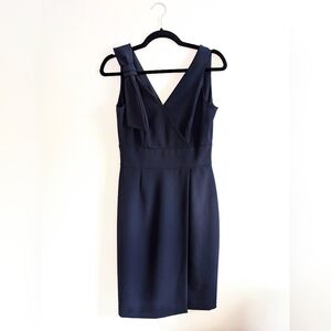 Tahari Navy V Neck Sleeveless Sheath With Shoulder Bow Accent